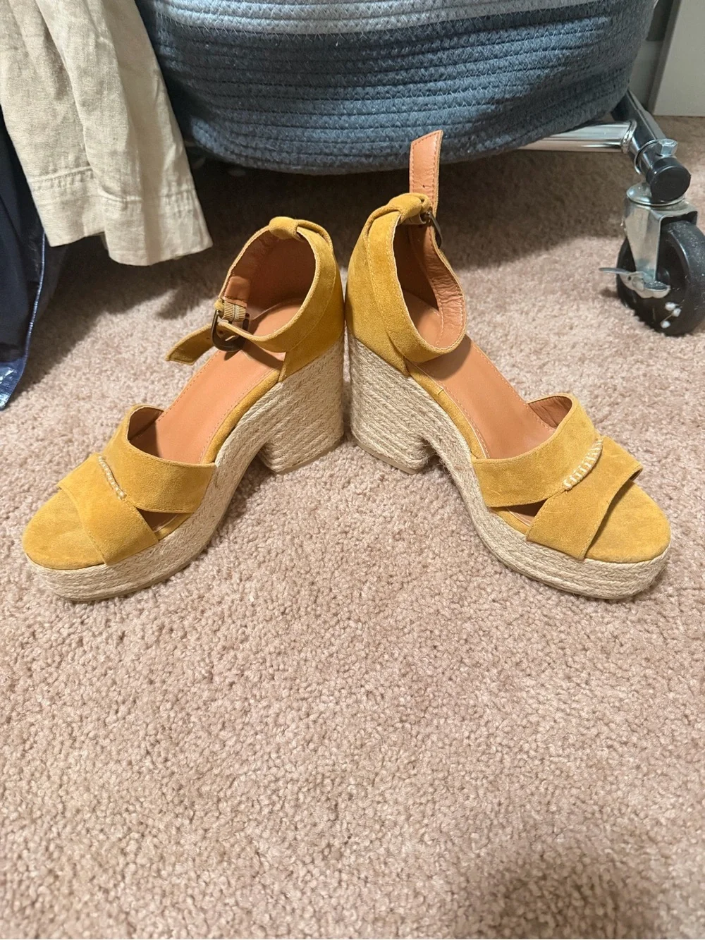 Mustard Suede Espadrille Wedge Sandals with Ankle Strap